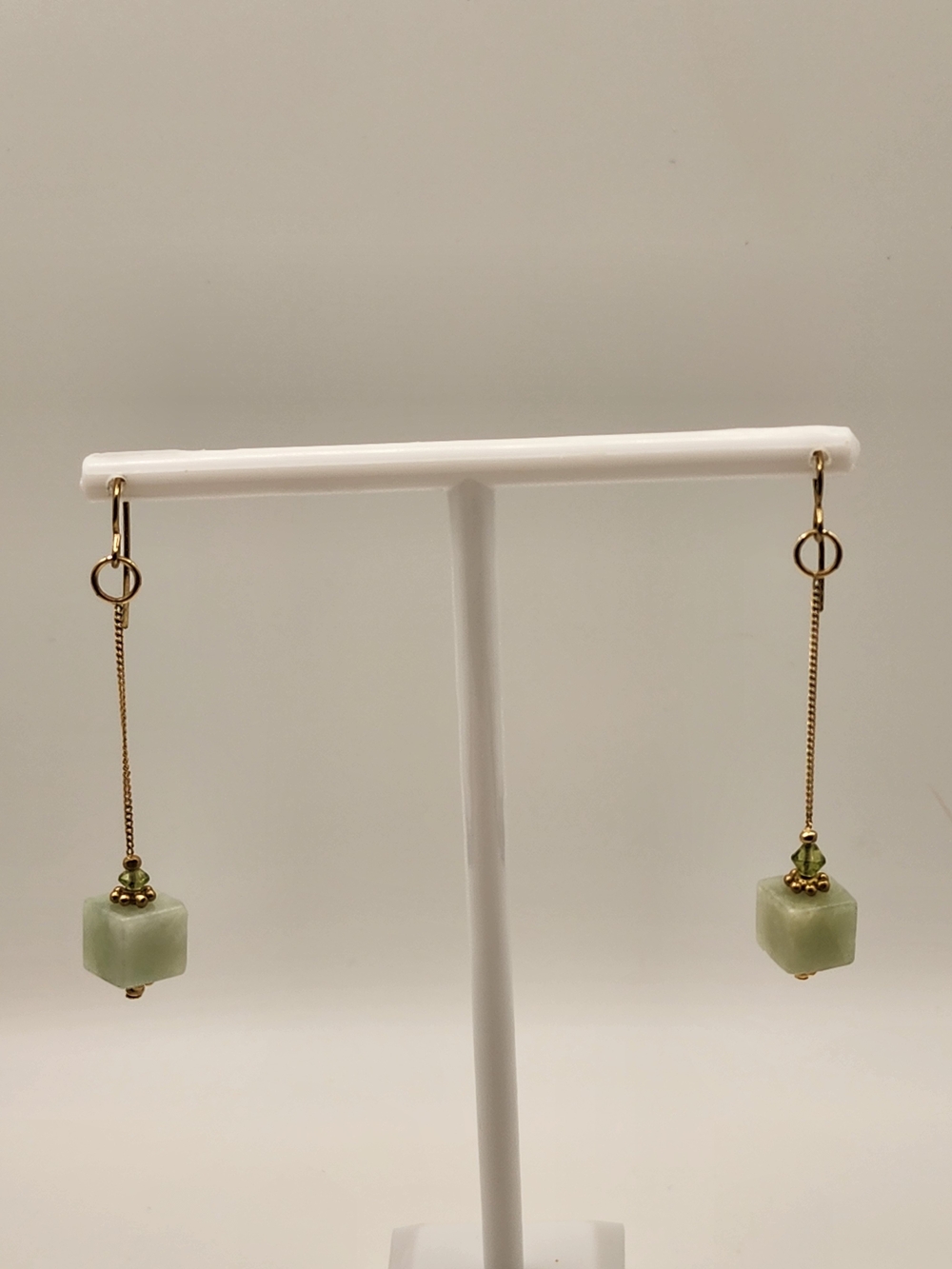14K Gold Jade Cube & Peridot Long Chain Dangle Earrings